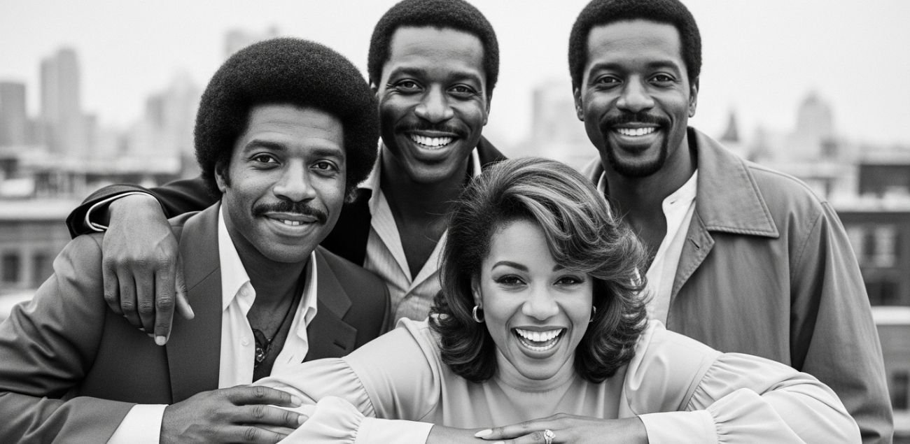 Black and white photo of Gladys Knight smiling with three male members of the Pips on a rooftop, dressed in 1970s fashion, posing together against a city skyline.