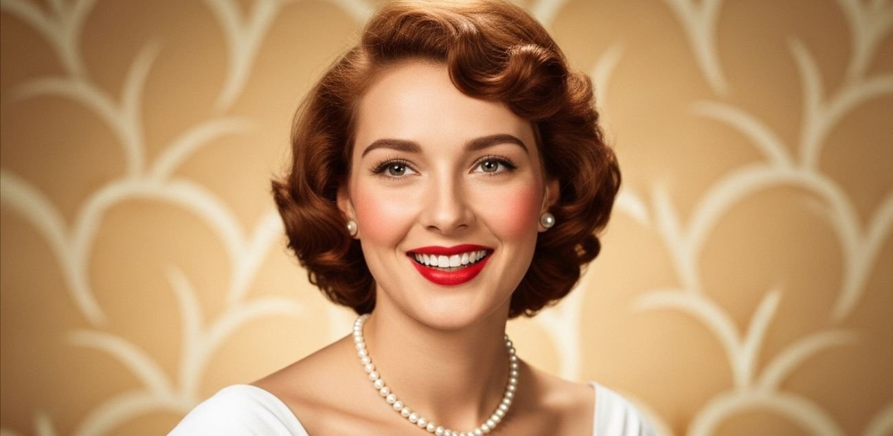 Vintage studio portrait of actress Nanette Fabray with wavy reddish-brown hair, pearl jewelry, and classic 1950s makeup, smiling warmly against a golden patterned background.