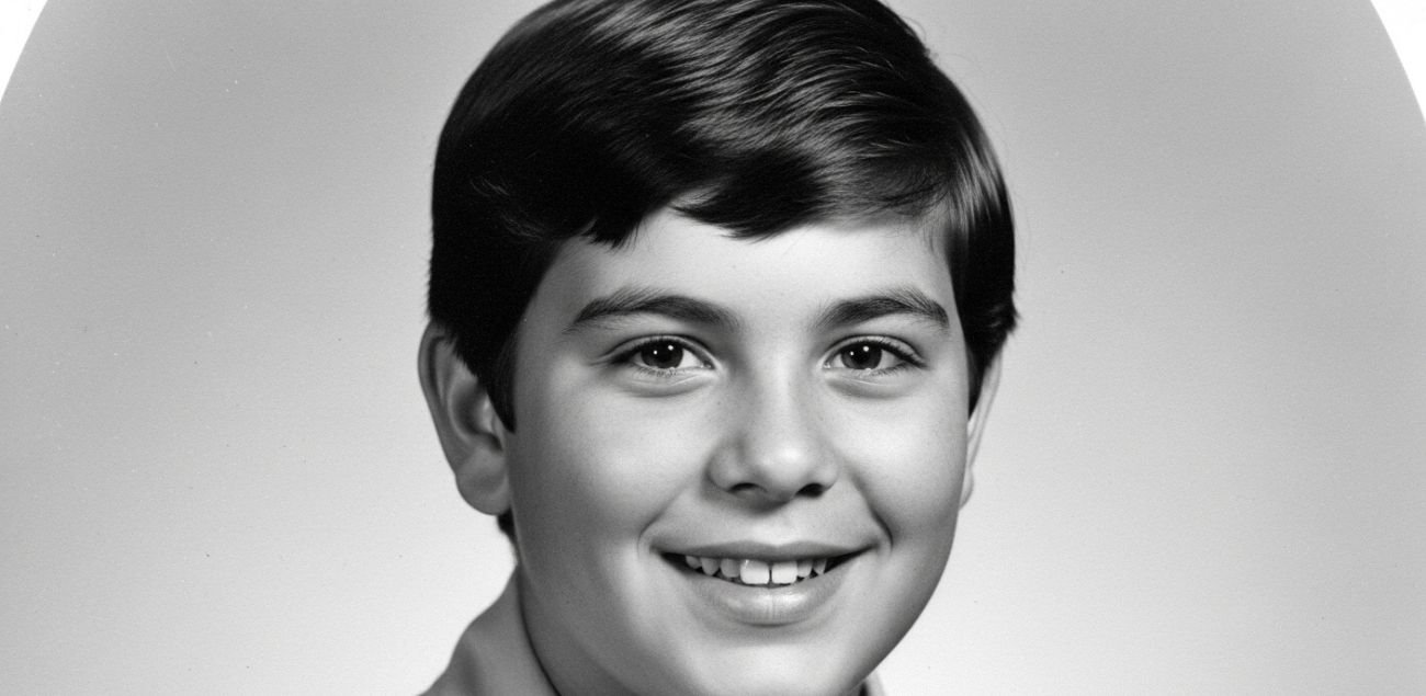 Black and white portrait of a young boy smiling, representing Barna Barsi in his childhood. He has dark hair, expressive eyes, and a gentle expression in a vintage studio photo.